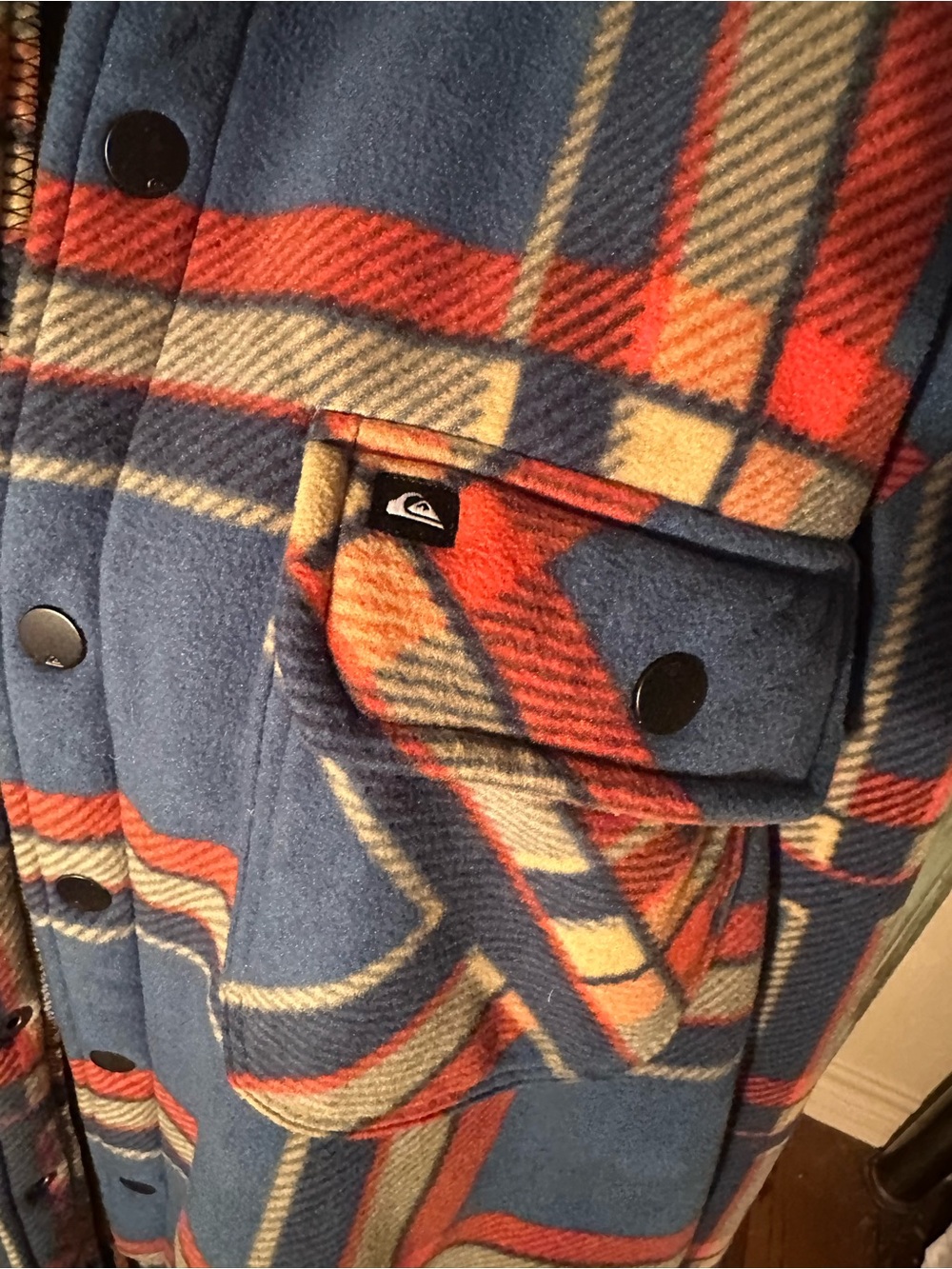 Quiksilver Blue Plaid Hooded Shirt Jacket with Orange Accents - Picture 2 of 6